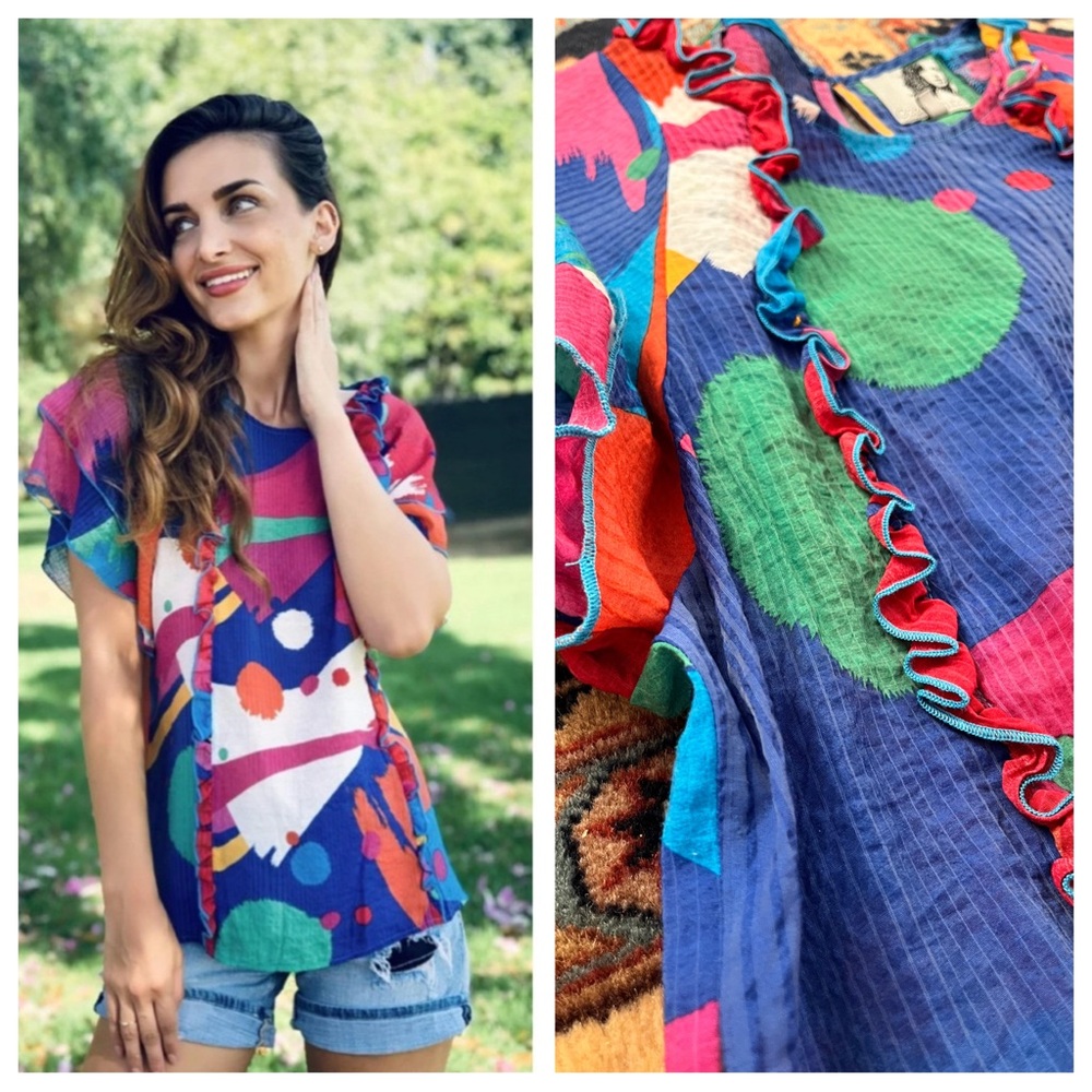 Anthropologie coconinno colorful ruffles top Zoe blouse S